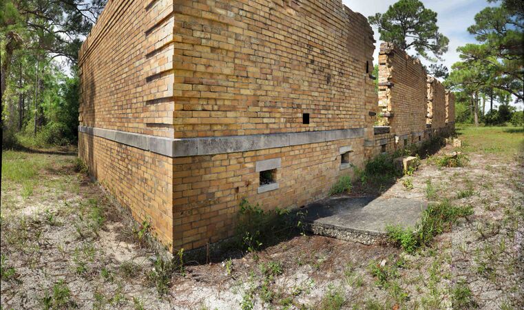 The remains of the peace magazine used to store power during peacetime conditions at Fort Morgan Al. Time and hurricanes have not been kind to this building.