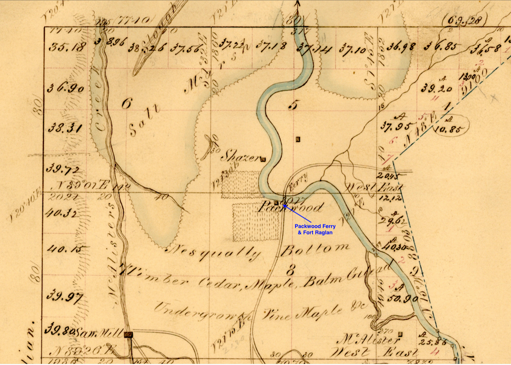 Annotated 1853 (prewar) Survey Map of the Area Around Packard's Ferry and the Future Site of Fort Raglan